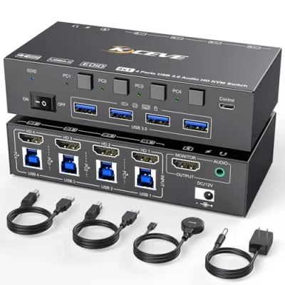 Image de commutateur KVM USB 3.0 HDMI 4 ports 8K à 60 Hz, Camgeet PC 1 moniteur HDMI, simulation EDID, pour ordinateurs partageant et 3.0, avec télécommande filaire