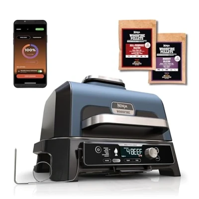 Image de Ninja Woodfire Pro Connect XL BBQ Électrique Grill &amp; Fumoir, Contrôle via App, Sonde Numérique, Extérieur 7 en 1 Friteuse sans huile, Pellets de Bois, Résistant aux Intempéries, Noir OG901EU