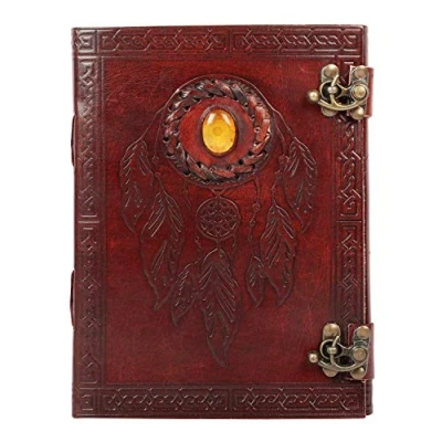 Image de OVERDOSE Pankh avec pierre/plume pierre Journal en cuir fait à la main antique, carnet de croquis cuir, dessin 15,2 x 20,3 cm 15X20 A5