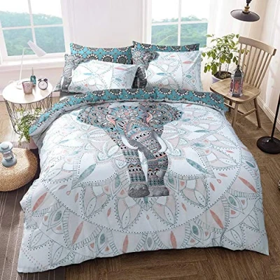 Image de Sleepdown Parure de lit réversible avec Housse Couette et taies d&#039;oreiller Facile d&#039;entretien Antiallergique Douce Lisse Motif éléphant Bleu Sarcelle