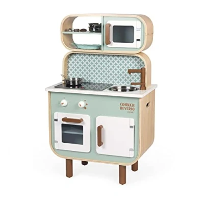 Image de Janod Cuisine Double Face Cooker Reverso Cuisinière en Bois pour Enfant Recto Verso Lumineuse et Sonore Avec 7 Accessoires De 3 à 8 Ans, J06594