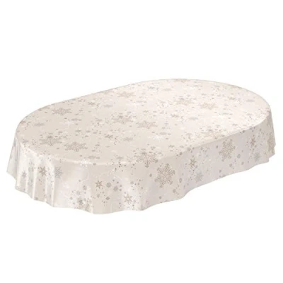 Image de ANRO Nappe en Toile cirée, Motif Flocons de Neige, Beige, Ovale, 200 x 140 cm