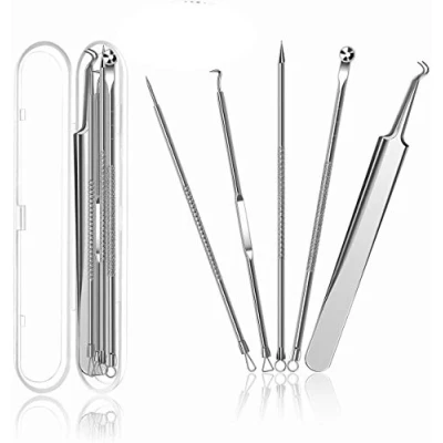 Image de ElloLife Lot de 5 extracteurs comédons avec boîte en acier inoxydable Pour enlever les points noirs et l&#039;acné tous types peau