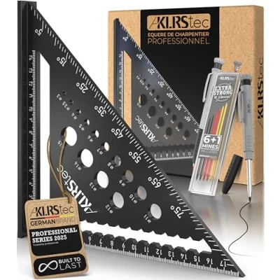 Image de KLRS Jeu D&#039;équerres de charpentier professionnel Comprenant Marqueur à Pointe avec mines rechange [7 pièces] et un taille crayon Equerre multi fonctionnelle haute qualité