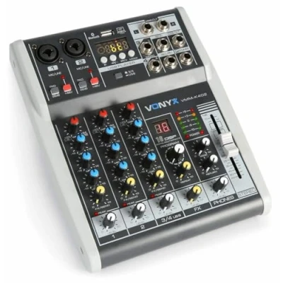 Image de VONYX VMM K402 Table de Mixage 4 Canaux avec DSP USB, 2x Entrée Mic/Ligne Mono, 1 x Ligne Stéréo Jack 6,35mm, Sortie principale Casque, Idéal Live DJ ou Studio