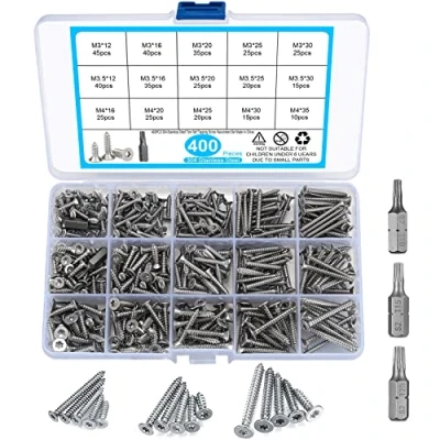Image de 400 Pièces Vis Autotaraudeuses et Autoperceuses à Tête Torx, Fraisée Acier Inoxydable, Bois Cloison Sèche avec Forets M3/M3,5/M4, 12mm/16mm/20mm/25mm/30mm/35mm