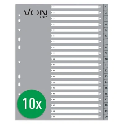 Image de Leitz Lot de 10 intercalaires numérotés 1 à 20 pour dossiers en polypropylène extra large 11 trous et classeurs anneaux Gris 12720085