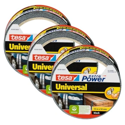 Image de tesa extra Power Universal Lot de 3 Roleaux Ruban Adhésif Toilé pour Réparations, Fixation, Regroupement, Étanchéité ou Emballage Noir 10 m x 50 mm