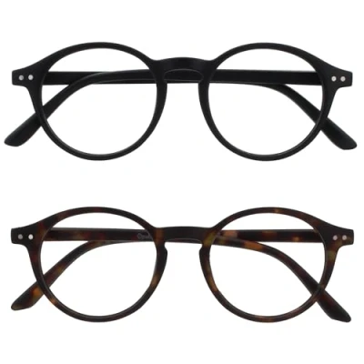 Image de OPULIZE REY Lunettes de Lecture Lot 2 Montures Rondes Rétro Noir Mat, Marron Écaille Hommes Femmes Charnières à Ressort RR56 12 +3.50