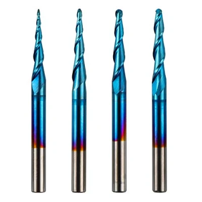 Image de Genmitsu TB04A Lot de 4 fraises coniques à 2 cannelures en carbure tungstène avec revêtement nano Bleu R0.25 1.0 tige 3,17 mm