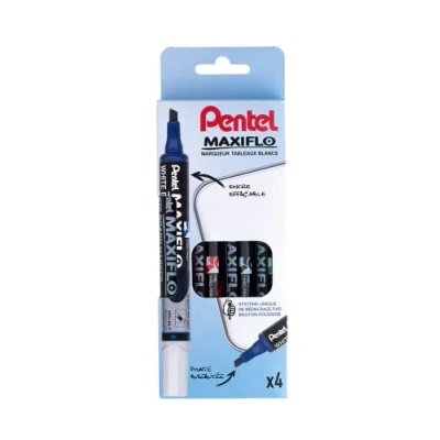 Image de Pentel Maxiflo Pochette 4 Marqueurs tableau blanc Pointe biseautée moyenne Assortis Noir/Bleu/Rouge/Vert