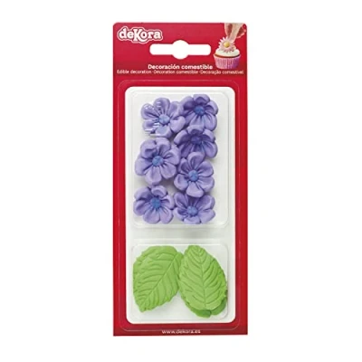 Image de Dekora Boîte de 8 Fleures Violettes et 5 Feuilles Vertes en Sucre Figurines Comestibles pour Gâteaux Décoration d&#039;Anniversaire