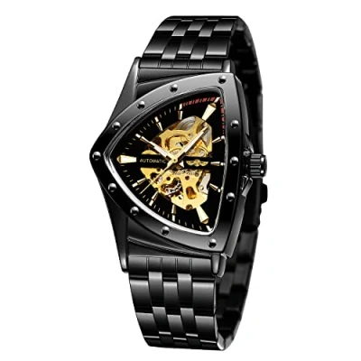 Image de FORSINING Montre pour homme étanche à 30 m avec squelette creux automatique rétro triangle, Noir Upgrade, Bracelet