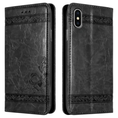Image de Coque pour Apple iPhone XS MAX en Noir avec ornements Housse de protection Étui fermeture magnétique, fonction support et compartiment carte Neuf
