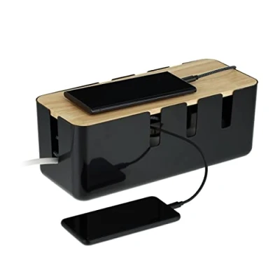 Image de Relaxdays Boîte Cache câbles, pour 2 multiprises, Couvercle en Bois, Plastique, HLP : 11,5 x 30,5 12,5 cm, Noir