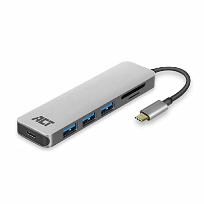 Image de ACT Hub USB C 3.1 Gen1 (USB 3.0) et Lecteur de Carte, Ports : 3 x A, 1 Type PD, Longueur du câble 0,15 m.