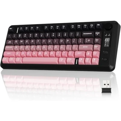 Image de FREEWOLF M75 Clavier sans fil bimode, Bluetooth+2,4GHz, commandes et écran tactile, 82 touches compactes en PBT dégradé, éclairage arc ciel,2000mAh, conflit de pour Mac/Windows Rose