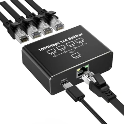 Image de GlasFlength Switch Ethernet 4 Ports, RJ45 Splitter 1000Mbps Multiprise Hub 1 à pour Ordinateur Commutateur Routeur Décodeur Télévision Numérique
