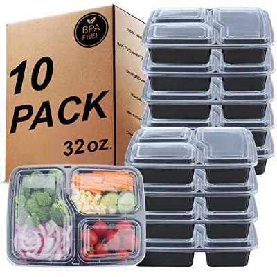 Image de [10 Pièces] Meal Prep Contenants réutilisables sans BPA à 3 compartiments avec couvercles hermétiques,résistants au congélateur,au micro ondes et lave vaisselle,boîtes lunch Bento [32 oz]