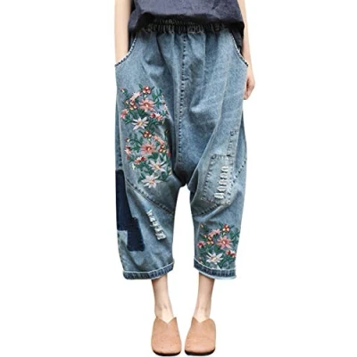 Image de Bigassets Femmes Taille Elastique Sarouel Pantalon en Jean brodé
