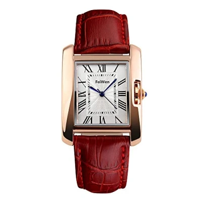 Image de FeiWen Mode Femme Analogique Quartz Acier Inoxydable Montre Bracelet Rectangulaire Doré Cadran et Rouge Cuir Ruban Elégant Montres