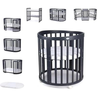 Image de OWAL Baby Bed 7IN1 (Graphite) Lit à barreaux avec Matelas Lits Bébé Commode Langer Ovale et roulettes évolutif d&#039;appoint en Bois