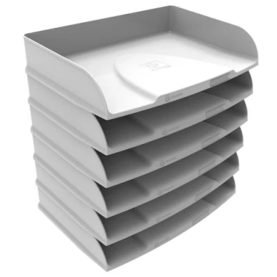 Image de Exacompta Réf. 10513D Lot de 6 corbeilles à courrier horizontales Combo Styli Autentik pour documents format paysage porte étiquette inclus superposable dim 25,5x36,5x6,5 cm blanc