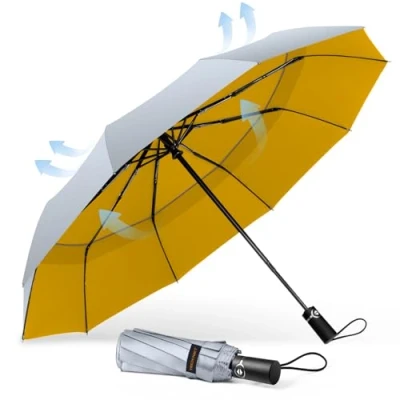 Image de TECKNET Parapluie Pliant Coupe vent, de Voyage Automatique, Grand Résistant au Vent avec 10 Baleines, Golf Solide et Léger, Compact, Argent Jaune