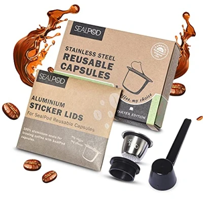 Image de SEALPOD Capsule réutilisable, compatible avec la machine originale Nespresso, en acier inoxydable durable, livré nouveaux couvercles, Pack de démarrage [1 Capsule, 100 couvercles]