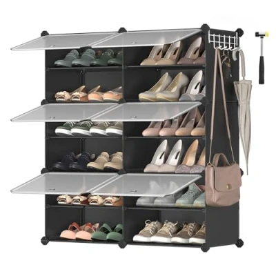Image de SONGMICS Étagère à Chaussures 6 Compartiments, de Rangement Modulable, Compartiment 30 x 40 cm, avec Porte, Cadre en Acier, Panneaux Plastique, Noir LPC033B01