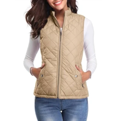 Image de fuinloth Doudoune Sans Manches Femme, Léger Col Roulé Manteau Zippé Veste Hiver Gilet Kaki XL
