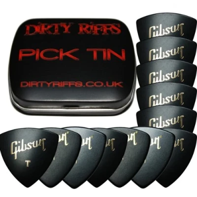 Image de Gibson Lot de 12 médiators triangulaires pour guitare dans une boîte métallique 4 chaque taille