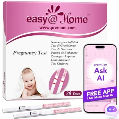 Image de Tests Grossesse Détection Précoce Bandelettes: HCG Easy@Home 20HCG 10mIU/mL Résultats Précis avec Application Française Intelligente Premom (iOS et Android) Suivi de Fertilité