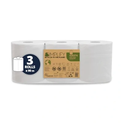 Image de Papernet Simplify Essuie mains en papier rouleau à extraction centrale Carbon Neutral 420374, 3 rouleaux pure cellulose de 90m chacun, 2 plis, 1 350 services 19,6x20 cm