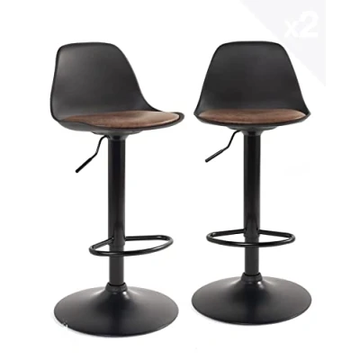 Image de KAYELLES Lot de 2 tabourets Bar Design Coussin Simili Cuir rembourré, Repose Pied, réglable en Hauteur et pivotant 360 SIG + (Noir intégral Marron)