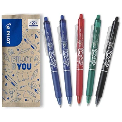Image de PILOT Lot de 5 Frixion Ball Clicker Stylo rétractable effaçable à encre thermosensible roller rechargeable et ergonomique 2 Bleus, Noir, Rouge, Vert Pointe moyenne