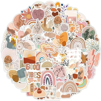 Image de Stickers Boho 100 Pcs, Aesthetic Autocollants Bohème pour Ordinateur Portable, Téléphone, Skateboard, Valise, Guitare, Tampon, Mignons en Vinyle Esthétiques étanches Scrapbook