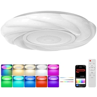 Image de OGVDOE 48W Plafonnier Rond LED Dimmable Changement de Couleur RGB Lampe Plafond Ø30CM Éclairage avec Haut parleur Bluetooth Télécommande et App Contrôle (Modèle Pétales)