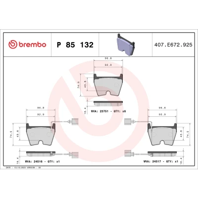Image de BREMBO P 85 132 Jeu de plaquettes frein contact signal d&#039;usure inclus avec tôle anti bruit sans accessoires AUDI: A4 B7 Avant, Berline