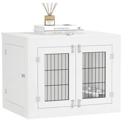 Image de PawHut Cage pour Chien intérieur, Caisse en Bois, 2 Bols rotatifs à 360, Portes, Table d&#039;appoint, de Taille Moyenne jusqu&#039;à 20 kg, 80 x 60 63 cm, Blanc