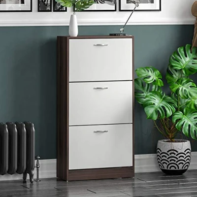 Image de Vida Designs Armoire à Chaussures 3 tiroirs, Noyer et Blanc, H 118 x L 60 P 24