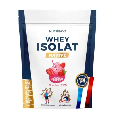 Image de NUTRI &amp; CO Whey Isolate Native Jusqu’à 94% de Protéines Pur Lait Français Low Lactose Digestion Facile Riche en BCAA Prise Masse Musculation 1kg 33 portions goût Milkshake Fraise