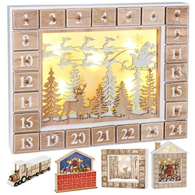 Image de BRUBAKER Calendrier de l&#039;Avent Lumineux 24 Tiroirs à remplir Père Noël Volant Décoration en Bois Éclairage LED 35,5 x 6 27 cm
