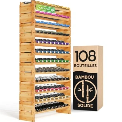 Image de NutriChef Casier à Bouteilles Range Bouteille Vin Empilable en Bambou, 12 Niveaux Rangement avec Capacité de 108 Bouteilles, Assemblage sans Outils, pour Cuisine et Cave