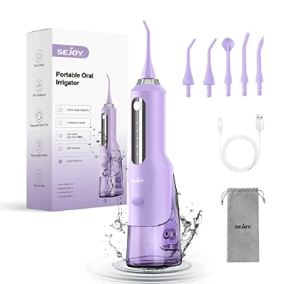 Image de Sejoy Jet Dentaire Hydropulseur, Hydropulseur Portable Irrigateur USB Rechargeable 270ML IPX7 Etanche 5 Modes et Buses pour Voyage Utilisation à la Maison, Violet
