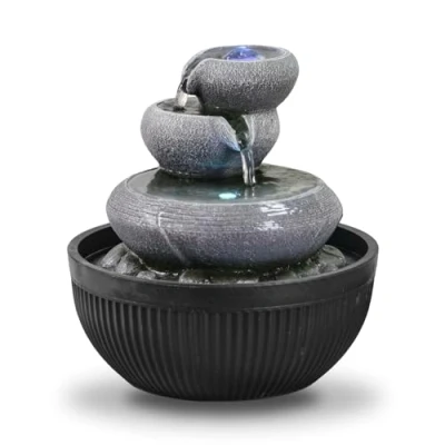 Image de Fontaine d’intérieur Cascade 3 Niveaux Jarre Effet Pierre Naturelle Lumière LED Coloré, Déco Zen et Élégant, de Table, Idée Cadeau Exceptionnelle, H 21cm Geelong Zen’Light
