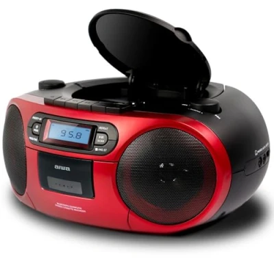 Image de Aiwa BBTC 550RD Radio Cassette Portable avec CD, Bluetooth et USB, enregistreur de Cassettes Coloris : Rouge.