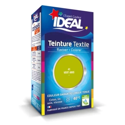 Image de IDEAL Teinture Tissus Liquide Mini 41 Vert Anis 40 ml + 1 Dose de Fixateur 50 g Textile Longue Tenue Coton, Lin, Soie, Viscose Efficace dès 40C Fabrication Française