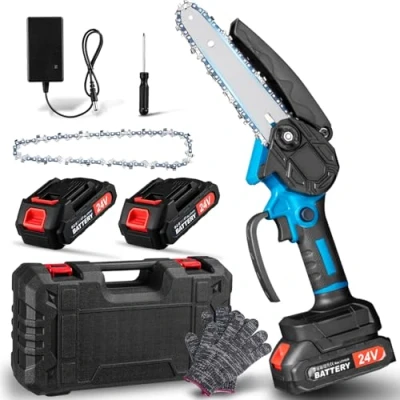 Image de Mini Tronconneuse a Batterie 4000mAh, 6 Pouces Electrique sans Fil, avec 2 Batteries 2.0 mAh Rechargeables Pour La Coupe Du Bois, Les Branches D&#039;arbres, Jardin, L&#039;élagage