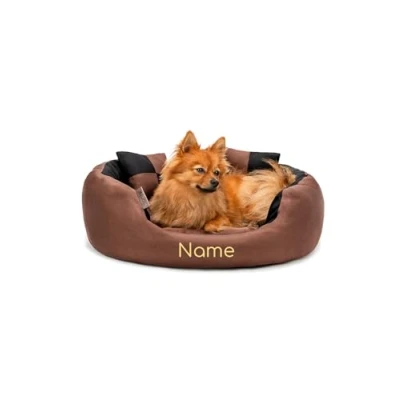 Image de lionto Lit pour Chien 4 en 1 avec Coussin réversible, 65x50 cm, Animaux de Compagnie Toutes Tailles résistant aux griffures entrée Basse, Noir/Marron (avec nom imprimé)